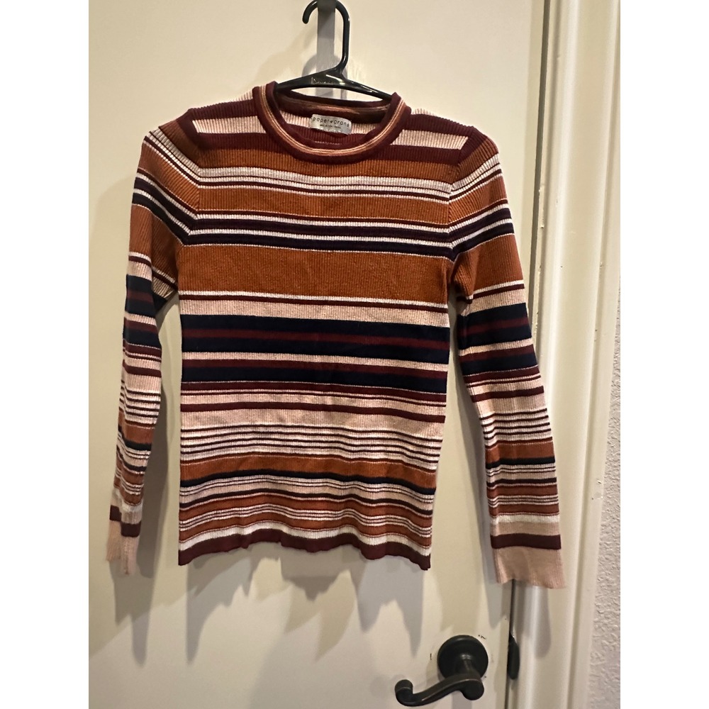 Paper Crane Womens Striped Ribbed Knit Long Sleeve Crew Neck Top Multicolor Sm